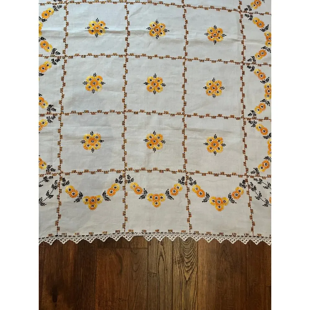 Vintage Embroidered Tablecloth Autumnal Orange Yellow Floral Crochet Lace Border